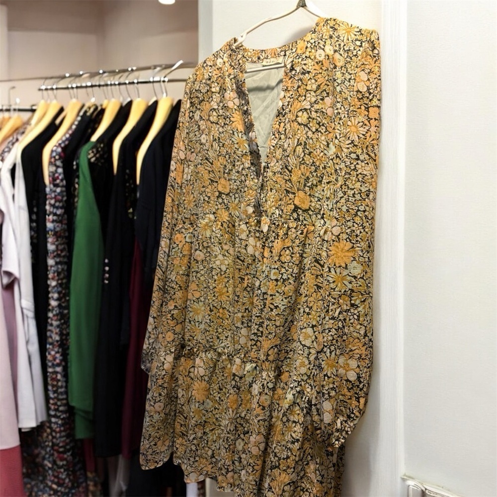 Kori Floral Boho Gold Button-Down Women's Dress w pockets large - Picture 4 of 5